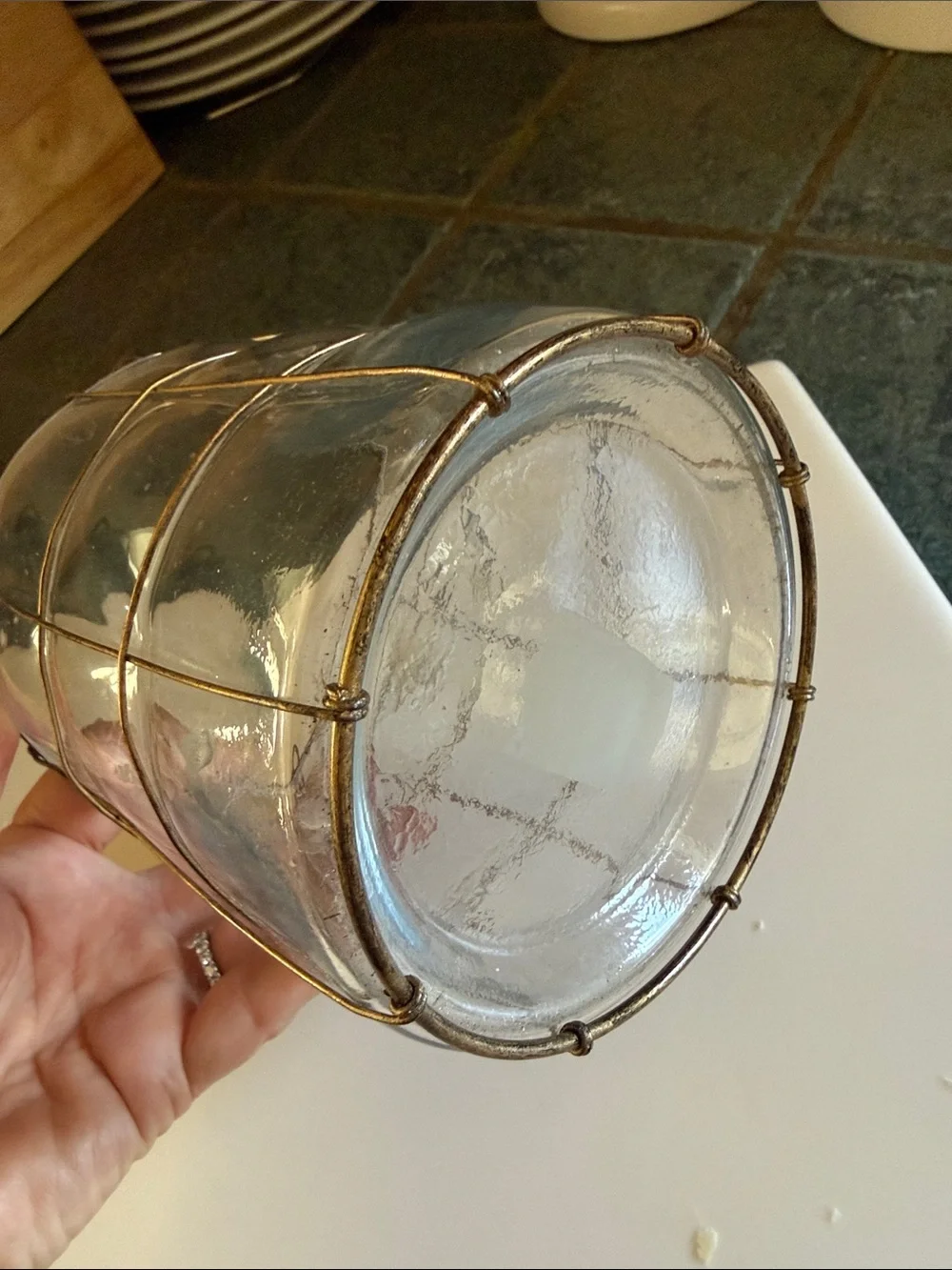 Clear Glass Lantern with Coppery Wire Cage with Handle